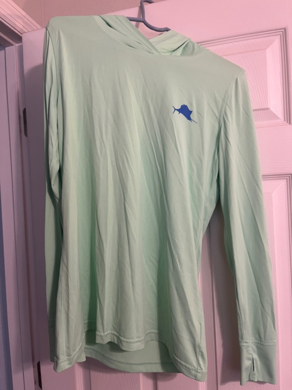 Pelagic Mint Hooded Long-Sleeve Shirt with Blue Marlin Graphic